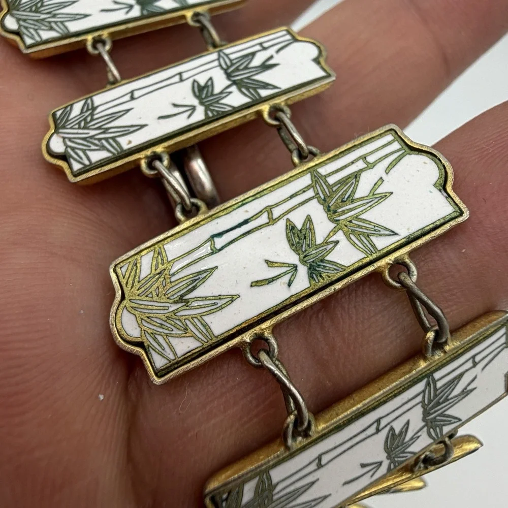 Vintage Japanese Satsuma Bamboo Bracelet Inlay Link Panel Security Chain Read